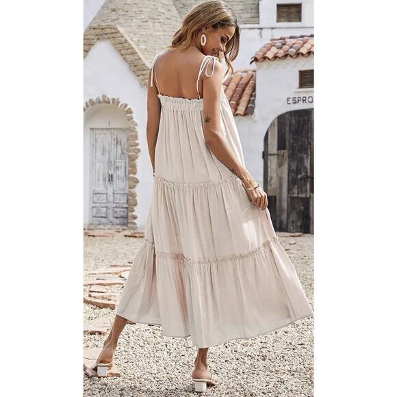 BTFBM Womens Summer Adjustable Tie Spaghetti Strap Sleeveless Dress Casual Loose - Picture 12 of 12